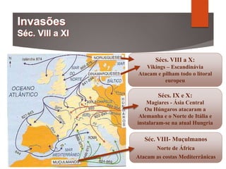 Sécs. VIII a X:
Vikings – Escandinávia
Atacam e pilham todo o litoral
europeu
Séc. VIII- Muçulmanos
Norte de África
Atacam as costas Mediterrânicas
Sécs. IX e X:
Magiares - Ásia Central
Ou Húngaros atacaram a
Alemanha e o Norte de Itália e
instalaram-se na atual Hungria
 