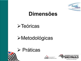 Dimensões

Teóricas

Metodológicas

 Práticas
 