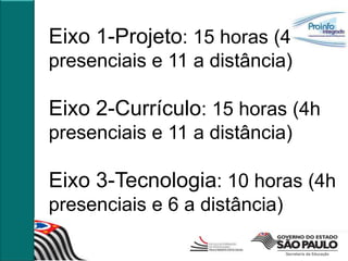 Eixo 1-Projeto: 15 horas (4h
presenciais e 11 a distância)

Eixo 2-Currículo: 15 horas (4h
presenciais e 11 a distância)

Eixo 3-Tecnologia: 10 horas (4h
presenciais e 6 a distância)
 