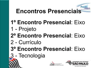 Encontros Presenciais
1º Encontro Presencial: Eixo
1 - Projeto
2º Encontro Presencial: Eixo
2 - Currículo
3º Encontro Presencial: Eixo
3 - Tecnologia
 