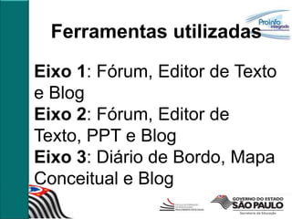 Ferramentas utilizadas

Eixo 1: Fórum, Editor de Texto
e Blog
Eixo 2: Fórum, Editor de
Texto, PPT e Blog
Eixo 3: Diário de Bordo, Mapa
Conceitual e Blog
 