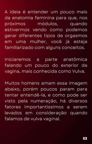 A ideia é entender um pouco mais
da anatomia feminina para que, nos
próximos módulos, quando
estivermos vendo como podemos
gerar diferentes tipos de orgasmos
em uma mulher, você já esteja
familiarizado com alguns conceitos.
Iniciaremos a parte anatômica
falando um pouco do exterior da
vagina, mais conhecida como Vulva.
Muitos homens amam essa imagem
abaixo, porém poucos param para
tentar entendê-la, e como pode ser
visto pela numeração, há diversos
fatores importantíssimos a serem
levados em consideração quando
falamos de vulva vaginal.
53
53
53
 