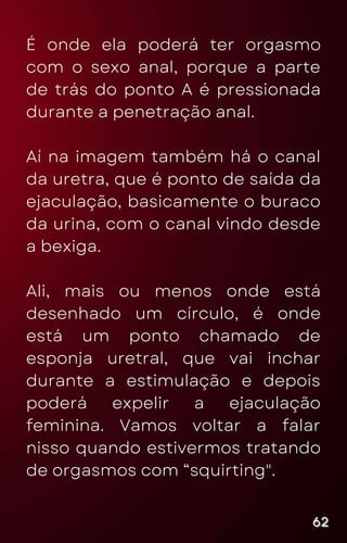 É onde ela poderá ter orgasmo
com o sexo anal, porque a parte
de trás do ponto A é pressionada
durante a penetração anal.
Aí na imagem também há o canal
da uretra, que é ponto de saída da
ejaculação, basicamente o buraco
da urina, com o canal vindo desde
a bexiga.
Ali, mais ou menos onde está
desenhado um círculo, é onde
está um ponto chamado de
esponja uretral, que vai inchar
durante a estimulação e depois
poderá expelir a ejaculação
feminina. Vamos voltar a falar
nisso quando estivermos tratando
de orgasmos com “squirting".
62
62
62
 