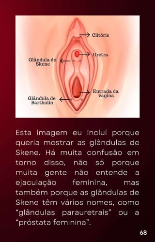 Esta imagem eu incluí porque
queria mostrar as glândulas de
Skene. Há muita confusão em
torno disso, não só porque
muita gente não entende a
ejaculação feminina, mas
também porque as glândulas de
Skene têm vários nomes, como
“glândulas parauretrais” ou a
“próstata feminina”.
68
68
68
 