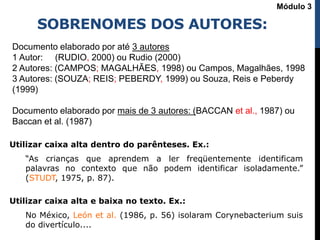 SOBRENOMES DOS AUTORES:
Utilizar caixa alta dentro do parênteses. Ex.:
“As crianças que aprendem a ler freqüentemente identificam
palavras no contexto que não podem identificar isoladamente.”
(STUDT, 1975, p. 87).
Utilizar caixa alta e baixa no texto. Ex.:
No México, León et al. (1986, p. 56) isolaram Corynebacterium suis
do divertículo....
Módulo 3
Documento elaborado por até 3 autores
1 Autor: (RUDIO, 2000) ou Rudio (2000)
2 Autores: (CAMPOS; MAGALHÃES, 1998) ou Campos, Magalhães, 1998
3 Autores: (SOUZA; REIS; PEBERDY, 1999) ou Souza, Reis e Peberdy
(1999)
Documento elaborado por mais de 3 autores: (BACCAN et al., 1987) ou
Baccan et al. (1987)
 