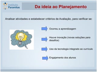 Da ideia ao Planejamento

Analisar atividades e estabelecer critérios de Avaliação, para verificar se:


                                      Ocorreu a aprendizagem


                                      Houve inovação (novas soluções para
                                      desafios)


                                      Uso da tecnologia integrado ao currículo


                                      Engajamento dos alunos
 