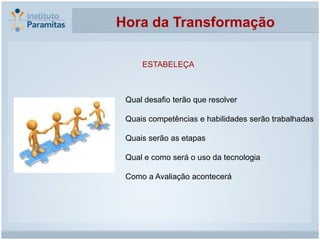 Hora da Transformação

     ESTABELEÇA



 Qual desafio terão que resolver

 Quais competências e habilidades serão trabalhadas

 Quais serão as etapas

 Qual e como será o uso da tecnologia

 Como a Avaliação acontecerá
 