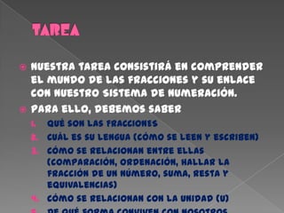  Nuestra tarea consistirá en comprender
  el mundo de las fracciones y su enlace
  con nuestro Sistema de Numeración.
 Para ello, debemos saber
    1. Qué son las FRACCIONES
    2. Cuál es su lengua (cómo se leen y escriben)
    3. Cómo se relacionan entre ellas
       (comparación, ordenación, hallar la
       fracción de un número, suma, resta y
       equivalencias)
    4. Cómo se relacionan con la Unidad (U)
 