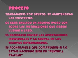Trabajaréis por grupos. Se mantendrán
  los existentes.
Os será enviado un archivo Word con
  todas las instrucciones que debéis
  llevar a cabo.
Es necesario enviar las aportaciones
  individuales y la grupal en los
  tiempos determinados.
Es aconsejable que comprobéis si lo
  estáis haciendo bien en “PUNTOS A
  EVALUAR”
 