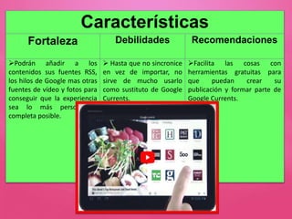 Características
Fortaleza Debilidades Recomendaciones
Podrán añadir a los
contenidos sus fuentes RSS,
los hilos de Google mas otras
fuentes de vídeo y fotos para
conseguir que la experiencia
sea lo más personal y
completa posible.
 Hasta que no sincronice
en vez de importar, no
sirve de mucho usarlo
como sustituto de Google
Currents.
Facilita las cosas con
herramientas gratuitas para
que puedan crear su
publicación y formar parte de
Google Currents.
 