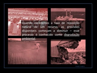 Google imagens
Quando excedemos a taxa de reposição
natural de um recurso, as provisões
disponíveis começam a diminuir – esse
processo é conhecido como degradação
ambiental.
 