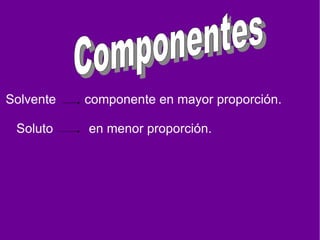 Solvente componente en mayor proporción. Soluto en menor proporción. Componentes