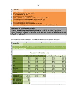 30




Observando las actividades planteadas:
1)¿Cómo calcularía los resultados solicitados? ¿A través de fórmulas o funciones?
2)¿Qué funciones utilizaría en aquellos casos que sea necesario? ¿Qué argumentos
colocaría en cada una?


A continuación se puede visualizar la planilla del ejercicio con los resultados obtenidos.
 