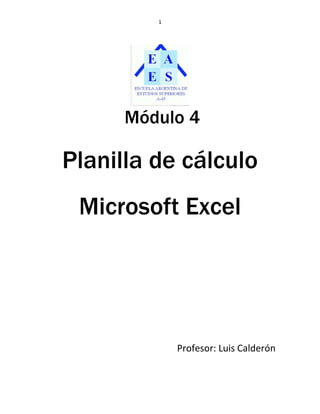 1




      Módulo 4

Planilla de cálculo
 Microsoft Excel




             Profesor: Luis Calderón
 