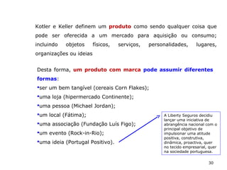 30
Kotler e Keller definem um produto como sendo qualquer coisa que
pode ser oferecida a um mercado para aquisição ou consumo;
incluindo objetos físicos, serviços, personalidades, lugares,
organizações ou ideias
Desta forma, um produto com marca pode assumir diferentes
formas:
ser um bem tangível (cereais Corn Flakes);
uma loja (hipermercado Continente);
uma pessoa (Michael Jordan);
um local (Fátima);
uma associação (Fundação Luís Figo);
um evento (Rock-in-Rio);
uma ideia (Portugal Positivo).
A Liberty Seguros decidiu
lançar uma iniciativa de
abrangência nacional com o
principal objetivo de
impulsionar uma atitude
positiva, construtiva,
dinâmica, proactiva, quer
no tecido empresarial, quer
na sociedade portuguesa.
 