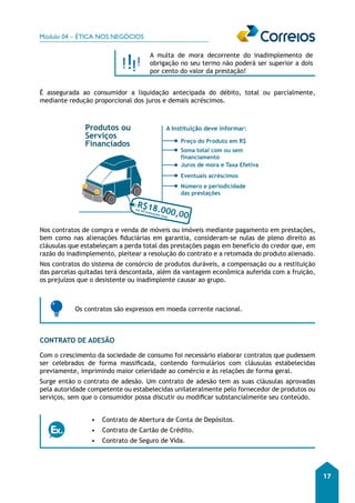 Módulo 04 – ÉTICA NOS NEGÓCIOS 
17 
A multa de mora decorrente do inadimplemento de 
obrigação no seu termo não poderá ser superior a dois 
por cento do valor da prestação! 
É assegurada ao consumidor a liquidação antecipada do débito, total ou parcialmente, 
mediante redução proporcional dos juros e demais acréscimos. 
Produtos ou A Instituição deve informar: 
Serviços 
Financiados 
Preço do Produto em R$ 
Soma total com ou sem 
financiamento 
Juros de mora e Taxa Efetiva 
Eventuais acréscimos 
Número e periodicidade 
das prestações 
R$18.000,00 
em 60 prestações fixas 
Nos contratos de compra e venda de móveis ou imóveis mediante pagamento em prestações, 
bem como nas alienações fiduciárias em garantia, consideram-se nulas de pleno direito as 
cláusulas que estabeleçam a perda total das prestações pagas em benefício do credor que, em 
razão do inadimplemento, pleitear a resolução do contrato e a retomada do produto alienado. 
Nos contratos do sistema de consórcio de produtos duráveis, a compensação ou a restituição 
das parcelas quitadas terá descontada, além da vantagem econômica auferida com a fruição, 
os prejuízos que o desistente ou inadimplente causar ao grupo. 
Os contratos são expressos em moeda corrente nacional. 
CONTRATO DE ADESÃO 
Com o crescimento da sociedade de consumo foi necessário elaborar contratos que pudessem 
ser celebrados de forma massificada, contendo formulários com cláusulas estabelecidas 
previamente, imprimindo maior celeridade ao comércio e às relações de forma geral. 
Surge então o contrato de adesão. Um contrato de adesão tem as suas cláusulas aprovadas 
pela autoridade competente ou estabelecidas unilateralmente pelo fornecedor de produtos ou 
serviços, sem que o consumidor possa discutir ou modificar substancialmente seu conteúdo. 
• Contrato de Abertura de Conta de Depósitos. 
• Contrato de Cartão de Crédito. 
• Contrato de Seguro de Vida. 
 