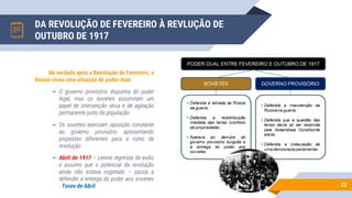 DA REVOLUÇÃO DE FEVEREIRO À REVLUÇÃO DE
OUTUBRO DE 1917
22
Na verdade após a Revolução de Fevereiro, a
Rússia viveu uma situação de poder dual:
▻ O governo provisório dispunha do poder
legal, mas os sovietes assumiram um
papel de intervenção ativa e de agitação
permanente junto da população.
▻ Os sovietes exerciam oposição constante
ao governo provisório apresentando
propostas diferentes para o rumo da
revolução.
▻ Abril de 1917 – Lenine regressa do exílio
e assume que o potencial da revolução
ainda não estava esgotado – passa a
defender a entrega do poder aos sovietes
- Teses de Abril.
 