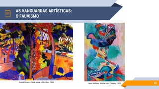 AS VANGUARDAS ARTÍSTICAS:
O FAUVISMO
45
André Derain, Ponte sobre o Rio Riou, 1906
Henri Matisse, Mulher com Chapéu, 1905
 
