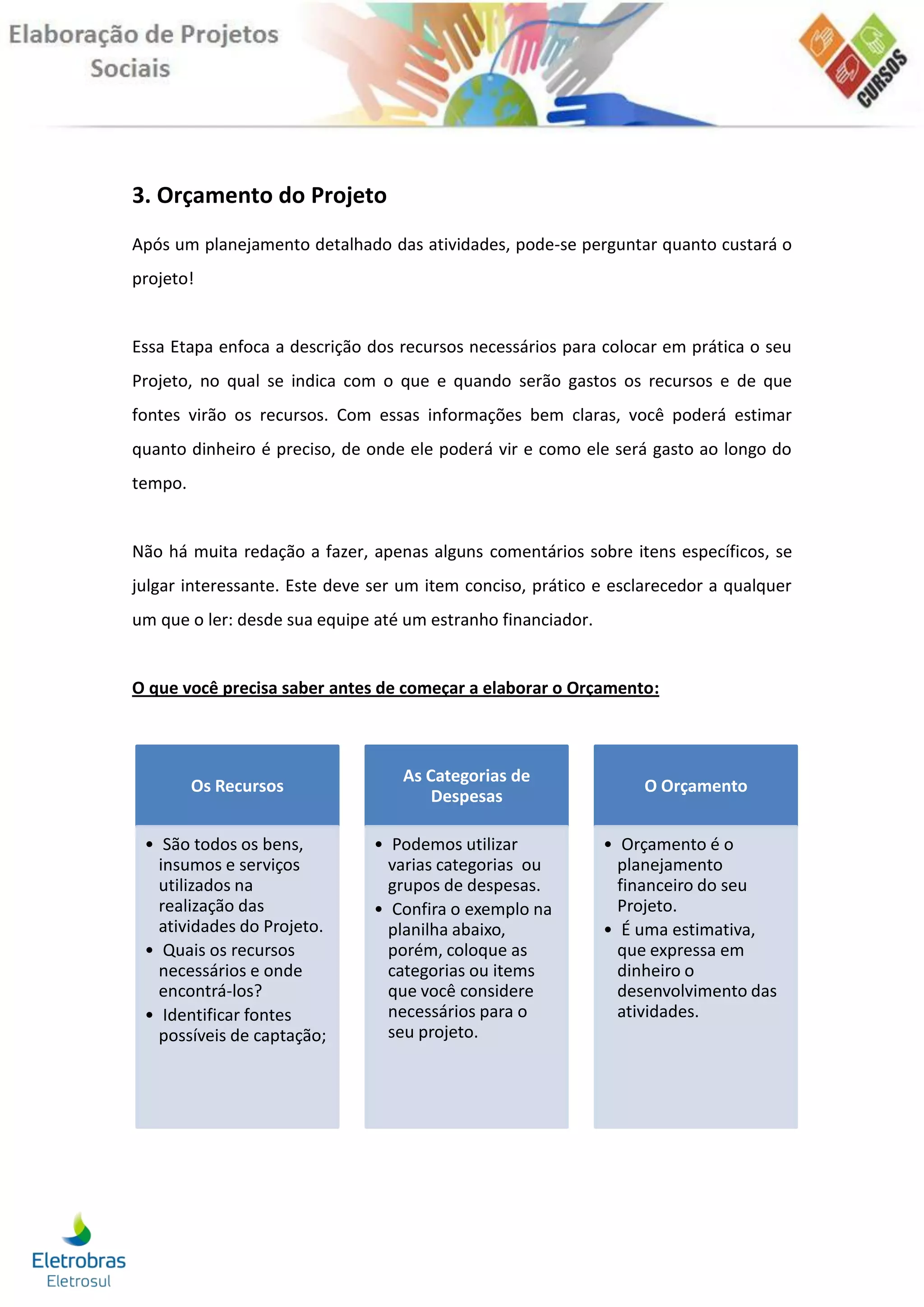 3. Orçamento do Projeto
Após um planejamento detalhado das atividades, pode-se perguntar quanto custará o
projeto!


Essa Etapa enfoca a descrição dos recursos necessários para colocar em prática o seu
Projeto, no qual se indica com o que e quando serão gastos os recursos e de que
fontes virão os recursos. Com essas informações bem claras, você poderá estimar
quanto dinheiro é preciso, de onde ele poderá vir e como ele será gasto ao longo do
tempo.


Não há muita redação a fazer, apenas alguns comentários sobre itens específicos, se
julgar interessante. Este deve ser um item conciso, prático e esclarecedor a qualquer
um que o ler: desde sua equipe até um estranho financiador.


O que você precisa saber antes de começar a elaborar o Orçamento:



                                  As Categorias de
         Os Recursos                                              O Orçamento
                                      Despesas

 • São todos os bens,          • Podemos utilizar             • Orçamento é o
   insumos e serviços            varias categorias ou           planejamento
   utilizados na                 grupos de despesas.            financeiro do seu
   realização das              • Confira o exemplo na           Projeto.
   atividades do Projeto.        planilha abaixo,             • É uma estimativa,
 • Quais os recursos             porém, coloque as              que expressa em
   necessários e onde            categorias ou items            dinheiro o
   encontrá-los?                 que você considere             desenvolvimento das
 • Identificar fontes            necessários para o             atividades.
   possíveis de captação;        seu projeto.
 