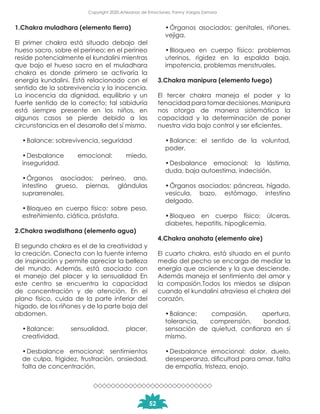 1.Chakra muladhara (elemento tierra)
El primer chakra está situado debajo del
hueso sacro, sobre el perineo; en el perineo
reside potencialmente el kundalini mientras
que bajo el hueso sacro en el muladhara
chakra es donde primero se activaría la
energía kundalini. Está relacionado con el
sentido de la sobrevivencia y la inocencia.
La inocencia da dignidad, equilibrio y un
fuerte sentido de lo correcto; tal sabiduría
está siempre presente en los niños, en
algunos casos se pierde debido a las
circunstancias en el desarrollo del sí mismo.
•	Balance: sobrevivencia, seguridad
•	Desbalance emocional: miedo,
inseguridad.
•	Órganos asociados: perineo, ano,
intestino grueso, piernas, glándulas
suprarrenales.
•	Bloqueo en cuerpo físico: sobre peso,
estreñimiento, ciática, próstata.
2.Chakra swadisthana (elemento agua)
El segundo chakra es el de la creatividad y
la creación. Conecta con la fuente interna
de inspiración y permite apreciar la belleza
del mundo. Además, está asociado con
el manejo del placer y la sensualidad En
este centro se encuentra la capacidad
de concentración y de atención. En el
plano físico, cuida de la parte inferior del
hígado, de los riñones y de la parte baja del
abdomen.
•	Balance: sensualidad, placer,
creatividad.
•	Desbalance emocional: sentimientos
de culpa, frigidez, frustración, ansiedad,
falta de concentración.
•	Órganos asociados: genitales, riñones,
vejiga.
•	Bloqueo en cuerpo físico: problemas
uterinos, rigidez en la espalda baja,
impotencia, problemas menstruales.
3.Chakra manipura (elemento fuego)
El tercer chakra maneja el poder y la
tenacidad para tomar decisiones. Manipura
nos otorga de manera sistemática la
capacidad y la determinación de poner
nuestra vida bajo control y ser eficientes.
•	Balance: el sentido de la voluntad,
poder.
•	Desbalance emocional: la lástima,
duda, baja autoestima, indecisión.
•	Órganos asociados: páncreas, hígado,
vesícula, bazo, estómago, intestino
delgado.
•	Bloqueo en cuerpo físico: úlceras,
diabetes, hepatitis, hipoglicemia.
4.Chakra anahata (elemento aire)
El cuarto chakra, está situado en el punto
medio del pecho se encarga de mediar la
energía que asciende y la que desciende.
Además maneja el sentimiento del amor y
la compasión.Todos los miedos se disipan
cuando el kundalini atraviesa el chakra del
corazón.
•	Balance: compasión, apertura,
tolerancia, comprensión, bondad,
sensación de quietud, confianza en sí
mismo.
•	Desbalance emocional: dolor, duelo,
desesperanza, dificultad para amar, falta
de empatía, tristeza, enojo.
52
Copyright 2020,Artesanos de Emociones, Fanny Vargas Zamora
 