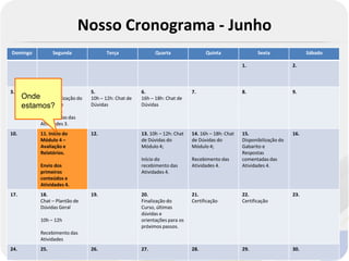 Nosso Cronograma - Junho
Domingo            Segunda             Terça                Quarta                Quinta                 Sexta                Sábado

                                                                                                  1.                    2.



3.           4.                  5.                   6.                    7.                    8.                    9.
      Onde Disponibilização do   10h – 12h: Chat de   16h – 18h: Chat de
      estamos? e
           Gabarito              Dúvidas              Dúvidas
             Respostas
             comentadas das
             Atividades 3.
10.          11. Início do       12.                  13. 10h – 12h: Chat   14. 16h – 18h: Chat   15.                   16.
             Módulo 4 –                               de Dúvidas do         de Dúvidas do         Disponibilização do
             Avaliação e                              Módulo 4;             Módulo 4;             Gabarito e
             Relatórios.                                                                          Respostas
                                                      Início do             Recebimento das       comentadas das
             Envio dos                                recebimento das       Atividades 4.         Atividades 4.
             primeiros                                Atividades 4.
             conteúdos e
             Atividades 4.
17.          18.                 19.                  20.                   21.                   22.                   23.
             Chat – Plantão de                        Finalização do        Certificação          Certificação
             Dúvidas Geral                            Curso, últimas
                                                      dúvidas e
             10h – 12h                                orientações para os
                                                      próximos passos.
             Recebimento das
             Atividades
24.          25.                 26.                  27.                   28.                   29.                   30.
 