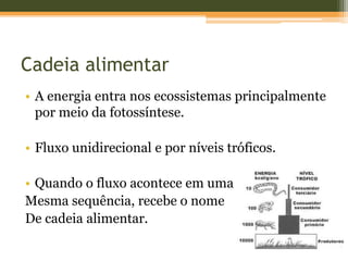 Cadeia alimentar
• A energia entra nos ecossistemas principalmente
por meio da fotossíntese.
• Fluxo unidirecional e por níveis tróficos.
• Quando o fluxo acontece em uma
Mesma sequência, recebe o nome
De cadeia alimentar.