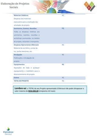 Materiais Didáticos                                    R$
Despesas dos materiais
necessários para a realização das
atividades do projeto.
Seminários, Eventos, Reuniões                          R$
Todas as despesas relativas aos
seminários, eventos, reuniões e
workshops promovidos no âmbito
do projeto, incluindo o transporte.
Despesas Operacionais (Mensais)                        R$
Material de escritório, contas de
luz, tarifas bancárias, etc.
Divulgação                                             R$
Publicações e divulgação do
projeto.
Equipamentos                                           R$
Aquisições de todo e qualquer
equipamento e mobiliário para o
desenvolvimento do projeto.
Outros                                                 R$
TOTAL DO PROJETO                                       R$



 Lembre-se: o TOTAL do seu Projeto apresentado à Eletrosul não pode ultrapassar o
 valor máximo de R$50.000,00 (cinqüenta mil reais).
 