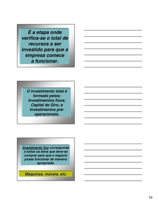 É a etapa onde
verifica-se o total de
   recursos a ser
investido para que a
  empresa comece
     a funcionar.




  O investimento total é
      formado pelos:
   Investimentos fixos;
     Capital de Giro; e
    Investimentos pré-
       operacionais.




Investimento fixo corresponde
 a todos os bens que deve-se
 comprar para que o negócio
  possa funcionar de maneira
          apropriada.


 Máquinas, móveis, etc.




                                10
 