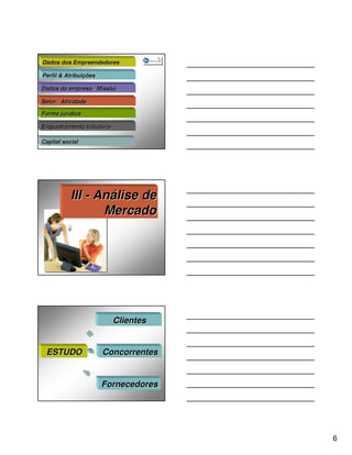 Dados dos Empreendedores

Perfil & Atribuições
         Atribuiç

Dados da empresa / Missão

Setor / Atividade

Forma jurídica
      jurí

Enquadramento tributário
              tributá

Capital social




           III - Análise de
                  Mercado




                           Clientes


 ESTUDO                Concorrentes


                       Fornecedores




                                      6
 