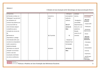 Módulo 4 
                                                                    O Modelo de Auto‐Avaliação da BE: Metodologias de Operacionalização (Parte I) 
                                                                         
de Novembro.                                                                                       ‐ Definição e      avaliação 
                                                                                                                                         Levantamento de 
c) Pretende‐se realizar um                                            c) Janeiro a                 priorização de     externa; 
                                                                                                                                         necessidades: 
“Bibliopaper” que permitirá                                           Abril                        acções de                              
                                                                                                                                         ‐ Recursos 
aos utilizadores um                                                                                melhoria:          ‐ Divulgação à 
                                                                                                                                         humanos:  
contacto mais próximo com                                                                                             comunidade          
                                                                                                                                         ‐  Equipa da BE 
os recursos da BE nos                                                                              Até à 2º           (Departamentos,     
vários formatos /adquirir                                                                          semana de          Alunos, EE…) na     ‐ Professores 
                                                                                                                                          
competências para a                                                                                Maio               plataforma         ‐ Assistentes 
utilização dos recursos da                                                                                            Moodle:            Operacionais   
                                                                                                                                          
BE.                                                                                                                   Junho (1ª e 2ª     ‐ Alunos 
d) Pretende‐se                                                        d)  2º período                       B.         semanas)            
                                                                                                                                         ‐ Recursos 
disponibilizar o catálogo                                                                                                                materiais/ 
informatizado da BE, para                                                                          ‐ redacção do                         financeiros: 
                                                                                                                                          
consulta nos computadores                                                                          Relatório Final                        ‐ Fotocópias;  
da BE e acessível na                                                                               de Avaliação:                          
                                                                                                                                         ‐ Dossiês;  
plataforma Moodle.                                                                                                                        
 e) Produziu‐se o Guia do                                             e) Janeiro                   Até final de                          ‐computadores  
                                                                                                                                          
Utilizador no ano lectivo                                                                          Maio                                  ‐ Internet;  
anterior; este será                                                                                                                       
                                                                                                                                         ‐ impressora; 
actualizado e distribuído                                                                                                                 
aos alunos e professores                                                                                                                 ‐ pen/CD para 
                                                                                                                                         guardar a 
                                                                                                                                         informação. 


                         Práticas e Modelos de Auto-Avaliação das Bibliotecas Escolares                                                                     5
 
