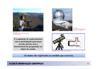 Fonte Figura:
                                                                                                                      http://astronomiaemfortaleza.blogspot
                                                                                                                      .com/2007_07_01_archive.html

   Fonte Figura:
   http://seguimentodeaves.domdigital.pt/aguias/sa
   telite/colocacaoptt.htm




     É a aquisição de conhecimentos
      com a participação (presença)
          ou não, porém, sem a
     interferência do pesquisador no
             objeto de estudo.
                                                             Fonte Figura: http://www.geocities.com/py2jco/TRN.html




                                   Os dados são registrados na medida que ocorrem.


O QUE É OBSERVAÇÃO CIENTÍFICA?                                                                                                                                18
 