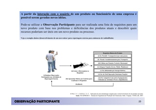 A partir da interação com o usuário de um produto ou funcionário de uma empresa é
   possível serem geradas novas idéias.

   Pode-se utilizar a Observação Participante para ser realizada uma lista de requisitos para um
   novo produto com base nos problemas e deficiências dos produtos atuais e descobrir quais
   recursos poderiam ser úteis em um novo produto ou processo.

   Veja o exemplo abaixo (desenvolvimento de um novo mixer para reportagem externa para emissoras de radiodifusão:




                                                                                                                        Requisitos Básicos do Produto
                                                                                                               (i) Ser Portátil / Transportável por uma pessoa

                                                                                                               (ii) Possuir Acondicionamento para Transporte

                                                                                                                (iii) Utilizar nas Posições Vertical e Horizontal

                                                                                                               (iv) Integrar Funções (Gerar, Medir, Monitorar)

                                                                     (ii) Listar e Hierarquizar os                 (v) Ser alimentado por Energia Elétrica
                                                                               Requisitos
                                                                                                                (vi) Ser de Fácil Operação/ Selecionar Funções
                              (i) Realizar Observações
                           Participantes nas Atividades de
                                                                                                               (vii) Ser compatível com outros Equipamentos
                                Reportagem Externa           (iii) Apresentar Síntese aos Usuários para
                                                                                                               Utilizados na Atividade (Níveis e Impedâncias)
                                                                      Confirmar os Requisitos

                                                                            (feedback)




                                                                    JUNG, C. F. ; CATEN, C. S. T. . Aplicação de uma metodologia singular para o desenvolvimento de um produto inovador.
                                                                           Anais. VII SEPROSUL - Semana de Engenharia de Produção Sul-Americana. Salto, Uruguay: UNDELAR, 2007.



OBSERVAÇÃO PARTICIPANTE                                                                                                                                                         25
 