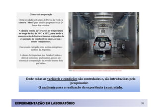 Câmara de evaporação

 Outra novidade no Campo de Provas da Ford é a
 câmara "Shed" para ensaios evaporativos de 24
              horas dos veículos.

  A câmara simula as variações de temperatura
  ao longo do dia, de 20°C a 35°C, para medir a
 concentração de hidrocarbonetos originados da
   evaporação de combustível, pneus, graxa e
              outros componentes.

  Esse ensaio é exigido pelas normas européias e
              também da Argentina.

  A câmara foi importada dos Estados Unidos e,
    além de sensores e analisadores, possui um
 sistema de compensação da pressão interna feita
                   por balões.


                                                   Fonte: http://www.programasobrerodas.com/noticias/headline-variedades.php?n_id=173&u=1%5C




        Onde todas as variáveis e condições são controladas e, são introduzidas pelo
                                      pesquisador.
                O ambiente para a realização da experiência é controlado.



EXPERIMENTAÇÃO EM LABORATÓRIO                                                                                                                  35
 