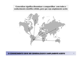 Generalizar significa disseminar e compartilhar com todos o
     conhecimento científico obtido, para que seja amplamente aceito




O CONHECIMENTO DEVE SER GENERALIZADO E AMPLAMENTE ACEITO               7
 