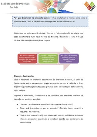 Por que disseminar no ambiente externo? Para multiplicar e replicar uma idéia e
experiência que tanto se for positiva como negativa é de real utilidade social.




Disseminar vai muito além de divulgar: é tornar o Projeto palpável à sociedade, que
pode transformá-lo num novo modelo de trabalho. Disseminar é uma ATITUDE
durante todo o tempo de duração do Projeto:




        No Início: Para criar    Durante: Compartilhar       No Final: Desenvolver
       interesse público pelo      lições aprendidas,         modelos, políticas,
       porojeto que está para        multiplicar boas          replicar casos de
             acontecer.               experiências.                sucesso.




Diferentes Destinatários:
Você se reportará aos diferentes destinatários de diferentes maneiras, às vezes de
forma escrita, outras verbalmente. Novas ferramentas surgem a cada dia e ficam
disponíveis para utilização muitas vezes gratuitas, como apresentações de PowerPoint,
slides e vídeos.

Segundo o destinatário, a elaboração e os conteúdos dos diferentes relatórios se
basearão nas seguintes questões:

       Quem está atualmente se beneficiando do projeto e de que forma?
       Como será transmitido o que se aprendeu? (formato, itens, tamanho e
        freqüência dos relatórios)
       Como utilizar os relatórios? (ritmo de reuniões internas, método de analisar os
        relatórios em equipe, organização e tomada de decisão para corrigir erros de
        forma rápida)
 