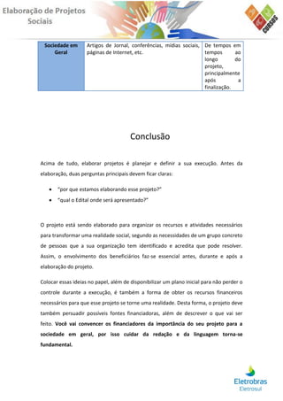 Sociedade em       Artigos de Jornal, conferências, mídias sociais, De tempos em
     Geral          páginas de Internet, etc.                        tempos       ao
                                                                     longo        do
                                                                     projeto,
                                                                     principalmente
                                                                     após          a
                                                                     finalização.




                                       Conclusão

Acima de tudo, elaborar projetos é planejar e definir a sua execução. Antes da
elaboração, duas perguntas principais devem ficar claras:

      “por que estamos elaborando esse projeto?”
      “qual o Edital onde será apresentado?”



O projeto está sendo elaborado para organizar os recursos e atividades necessários
para transformar uma realidade social, segundo as necessidades de um grupo concreto
de pessoas que a sua organização tem identificado e acredita que pode resolver.
Assim, o envolvimento dos beneficiários faz-se essencial antes, durante e após a
elaboração do projeto.

Colocar essas ideias no papel, além de disponibilizar um plano inicial para não perder o
controle durante a execução, é também a forma de obter os recursos financeiros
necessários para que esse projeto se torne uma realidade. Desta forma, o projeto deve
também persuadir possíveis fontes financiadoras, além de descrever o que vai ser
feito. Você vai convencer os financiadores da importância do seu projeto para a
sociedade em geral, por isso cuidar da redação e da linguagem torna-se
fundamental.
 