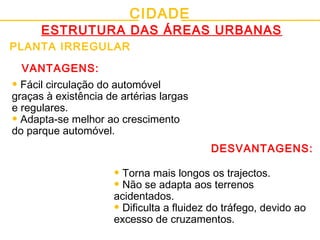 CIDADE
ESTRUTURA DAS ÁREAS URBANAS
PLANTA IRREGULAR
• Fácil circulação do automóvel
graças à existência de artérias largas
e regulares.
• Adapta-se melhor ao crescimento
do parque automóvel.
VANTAGENS:
DESVANTAGENS:
• Torna mais longos os trajectos.
• Não se adapta aos terrenos
acidentados.
• Dificulta a fluidez do tráfego, devido ao
excesso de cruzamentos.
 