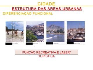 CIDADE
ESTRUTURA DAS ÁREAS URBANAS
DIFERENCIAÇÃO FUNCIONAL
FUNÇÃO RECREATIVA E LAZER/
TURÍSTICA
 