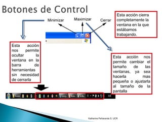 Esta acción cierra
                                            completamente la
                                            ventana en la que
                                            estábamos
                                            trabajando.

Esta     acción
nos     permite
ocultar       la                        Esta acción nos
ventana en la                           permite cambiar el
barra        de                         tamaño    de    las
herramientas                            ventanas, ya sea
sin necesidad                           hacerla       mas
de cerrarla                             pequeña o ajustarla
                                        al tamaño de la
                                        pantalla




                   Katherine Peñaranda S. UCR
 