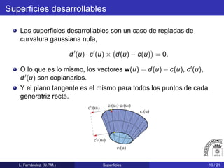 Superﬁcies desarrollables
Las superﬁcies desarrollables son un caso de regladas de
curvatura gaussiana nula,
d′
(u) · c′
(u) × d(u) − c(u) = 0.
O lo que es lo mismo, los vectores w(u) = d(u) − c(u), c′(u),
d′(u) son coplanarios.
Y el plano tangente es el mismo para todos los puntos de cada
generatriz recta.
c2(u)
c1(u)
c'2(u0)
c'1(u0)
c2(u0)-c1(u0)
L. Fernández (U.P.M.) Superﬁcies 10 / 21
 