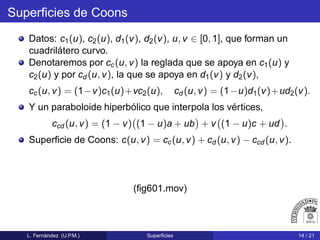 Superﬁcies de Coons
Datos: c1(u), c2(u), d1(v), d2(v), u, v ∈ [0, 1], que forman un
cuadrilátero curvo.
Denotaremos por cc(u, v) la reglada que se apoya en c1(u) y
c2(u) y por cd (u, v), la que se apoya en d1(v) y d2(v),
cc(u, v) = (1−v)c1(u)+vc2(u), cd (u, v) = (1−u)d1(v)+ud2(v).
Y un paraboloide hiperbólico que interpola los vértices,
ccd (u, v) = (1 − v) (1 − u)a + ub + v (1 − u)c + ud .
Superﬁcie de Coons: c(u, v) = cc(u, v) + cd (u, v) − ccd (u, v).
(ﬁg601.mov)
L. Fernández (U.P.M.) Superﬁcies 14 / 21
 