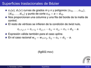 Superﬁcies traslacionales de Bézier
c1(u), d1(v) curvas de grados m y n y polígonos {c10, . . . , c1m},
{d10, . . . , d1n} y punto de corte c10 = a = d10.
Nos proporcionan una columna y una ﬁla del borde de la malla de
control.
El resto de vértices se inﬁeren de la condición de twist nulo,
ci+1,j+1 = ci+1,j + ci,j+1 − ci,j ⇒ ci,j = c1i + d1j − a.
Expresión válida también para el caso spline.
En el caso racional wi,j = w1i ω1j , ci,j = c1i + d1j − a.
(ﬁg602.mov)
L. Fernández (U.P.M.) Superﬁcies 6 / 21
 