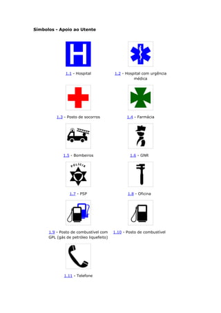 Símbolos - Apoio ao Utente
1.1 - Hospital 1.2 - Hospital com urgência
médica
1.3 - Posto de socorros 1.4 - Farmácia
1.5 - Bombeiros 1.6 - GNR
1.7 - PSP 1.8 - Oficina
1.9 - Posto de combustível com
GPL (gás de petróleo liquefeito)
1.10 - Posto de combustível
1.11 - Telefone
 