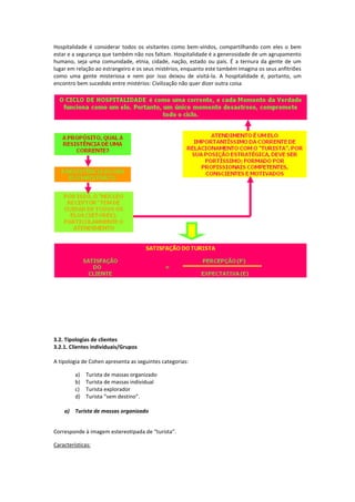 Hospitalidade é considerar todos os visitantes como bem-vindos, compartilhando com eles o bem
estar e a segurança que também não nos faltam. Hospitalidade é a generosidade de um agrupamento
humano, seja uma comunidade, etnia, cidade, nação, estado ou país. É a ternura da gente de um
lugar em relação ao estrangeiro e os seus mistérios, enquanto este também imagina os seus anfitriões
como uma gente misteriosa e nem por isso deixou de visitá-la. A hospitalidade é, portanto, um
encontro bem sucedido entre mistérios: Civilização não quer dizer outra coisa
3.2. Tipologias de clientes
3.2.1. Clientes individuais/Grupos
A tipologia de Cohen apresenta as seguintes categorias:
a) Turista de massas organizado
b) Turista de massas individual
c) Turista explorador
d) Turista “sem destino”.
a) Turista de massas organizado
Corresponde à imagem estereotipada de “turista”.
Características:
 