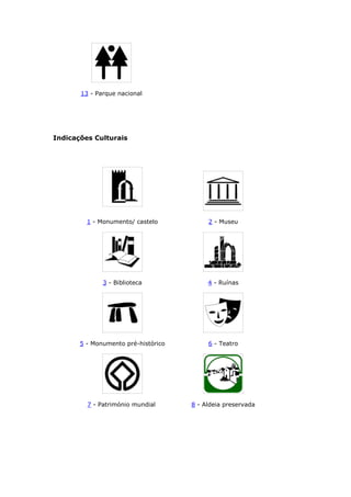 13 - Parque nacional
Indicações Culturais
1 - Monumento/ castelo 2 - Museu
3 - Biblioteca 4 - Ruínas
5 - Monumento pré-histórico 6 - Teatro
7 - Património mundial 8 - Aldeia preservada
 