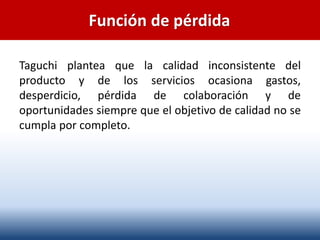 Taguchi plantea que la calidad inconsistente del
producto y de los servicios ocasiona gastos,
desperdicio, pérdida de colaboración y de
oportunidades siempre que el objetivo de calidad no se
cumpla por completo.
Función de pérdida
 