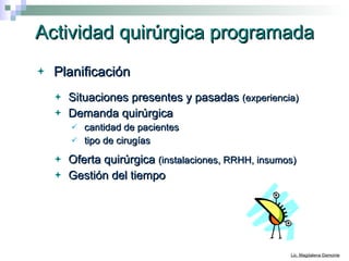 Actividad quirúrgica programada Planificación  Situaciones presentes y pasadas  (experiencia) Demanda quirúrgica cantidad de pacientes  tipo de cirugías Oferta quirúrgica  (instalaciones, RRHH, insumos) Gestión del tiempo 