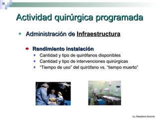 Actividad quirúrgica programada Administración de  Infraestructura   Rendimiento instalación Cantidad y tipo de quirófanos disponibles Cantidad y tipo de intervenciones quirúrgicas “ Tiempo de uso” del quirófano vs. “tiempo muerto” 