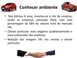 Conhecer ambiente
• Nos últimos 6 anos, inverteu-se o mix de compras,
tendo as empresas concluído 2014, com uma
percentagem de 58% do volume total do mercado
VN;
• Cliente particular mais exigente qualitativamente e
mais conhecedor dos produtos;
• Redução das margens VN, nas vendas a cliente
particular;
 