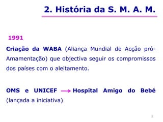 2. História da S. M. A. M.
1991
Criação da WABA (Aliança Mundial de Acção pró-
Amamentação) que objectiva seguir os compromissos
dos países com o aleitamento.
OMS e UNICEF Hospital Amigo do Bebé
(lançada a iniciativa)
12
 